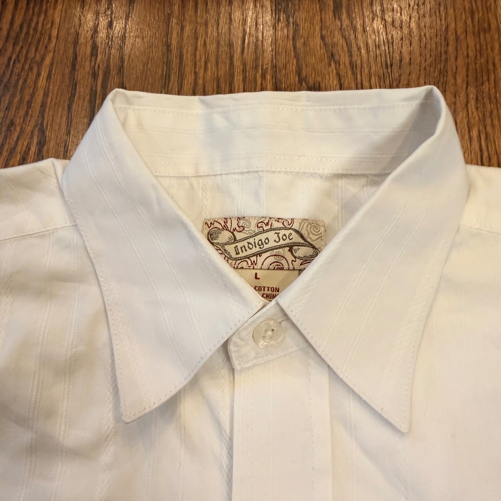 Indigo Joe White Dobby Stripe Graphic Embroidered Button Down Shirt Large White - Picture 4 of 9